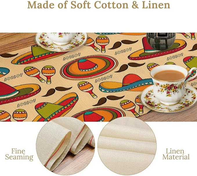 Mexican Style Table Runners,Orange Hats Exotic Music Upholstery Fabric Wedding Coffee Table Runner, Farmhouse Style Table for Kitchen Dining Table WeddingGraduationParty 13x70 Inch