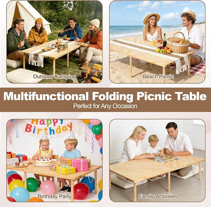 44x22 Low Floor Folding Picnic Table | Portable low table for 4-6, with adjustable height, mortise & tenon joints, and runner for beach picnics.