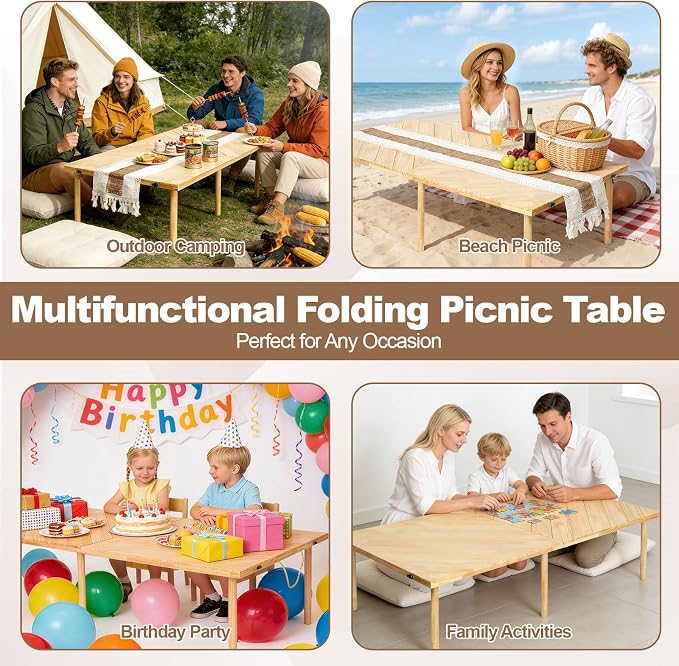 Folding Picnic Table 60x30, Low Floor Table for 6-8 | Portable fold-flat wood table with adjustable height, boho runner, mortise-tenon joints for beach, camping, parties