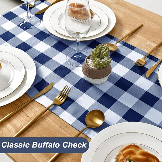 Hiasan Buffalo Plaid Table Runner, Classic Farmhouse Tabletop Collection, Waterproof Table Runner for Kitchen Dining, Banquet, Restaurant, Outdoor Use, 14W x 108L, Navy Blue and White, 1 Piece