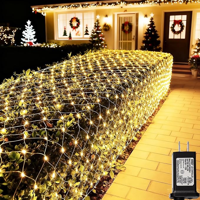 Lovelite 360 LED Net Lights, 21ft x 5ft Christmas Mesh Lights Clear Wire 8 Modes, Waterproof Connectable String Light Plug in for Xmas Tree Bushes Garden Outdoor Party Decorations - Warm White