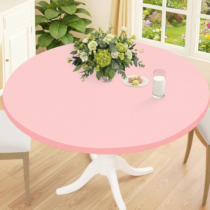 Smiry Round Spandex Tablecloth, Elastic Fitted Washable Tablecloths for 45"-56" Tables, Waterpoof Stretch Picnic Table Cover for Dining, Indoor and Outdoor, Pink