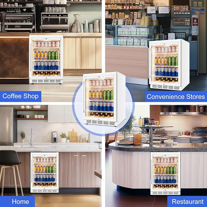 FoMup 24" Undercounter Beverage Refrigerator with Glass Door, 200-Can | Reversible door for flexible installation, Digital temperature control, safety lock, White finish, LED light