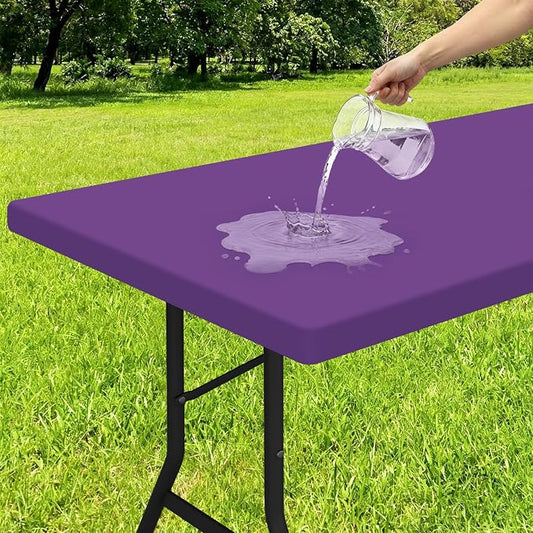 Smiry Rectangle Tablecloth, Elastic Fitted Flannel Backed Vinyl Tablecloths for 8ft Folding Tables, Waterproof Wipeable Table Covers for Indoor, Outdoor, Picnic and Camping (Purple, 30"x96")
