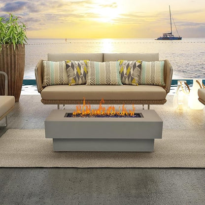 Outdoor Low Profile Fire Table, 48-inch Rectangle Propane Gas Fire Pit Table, 50,000 BTU Modern Firepit w/Lid, Glass Rocks, Cover, Pre-Attached 10ft Propane Hose, Flint Gray