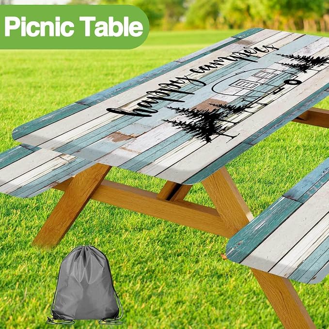 JAWO RV Camper Picnic Table Cover with Bench Covers, Camper Camping RV Essentials Gear Supplies Outdoor Waterproof Windproof Tablecloth with Elastic, 72in
