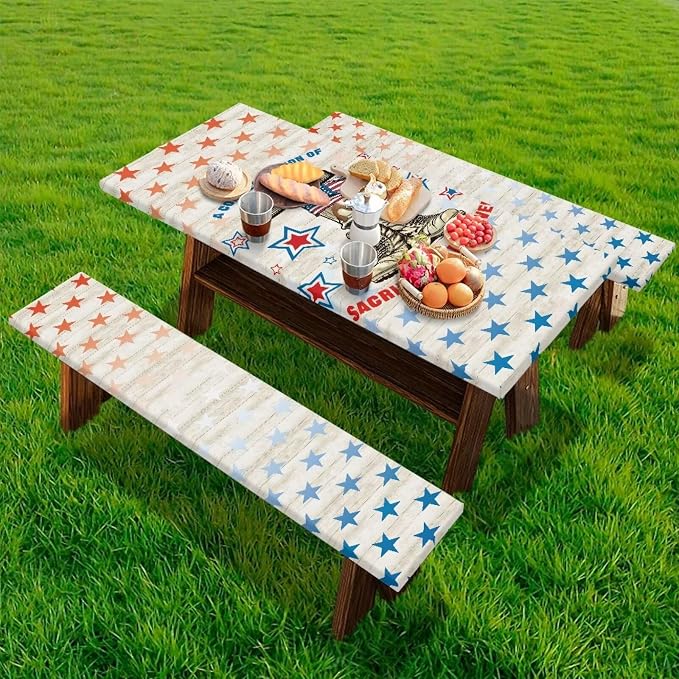 Memorial Day Outdoor Picnic Table Cover Cemetery Decorations Outdoor 3 PCS Set Fitted Picnic Table Cover for Outdoor Camping