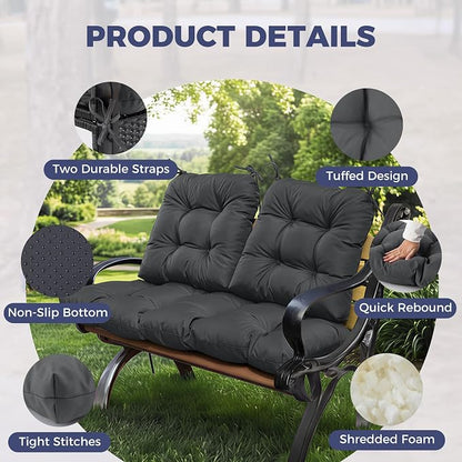 Wicker Chair Cushions of 3 Pieces, Waterproof Cushions for Patio Furniture, Tufted Wicker Outdoor Furniture Cushions, 1 Patio Loveseat Cushion and 2 U-Shaped Cushions, 44"x19"x5", Dark Grey