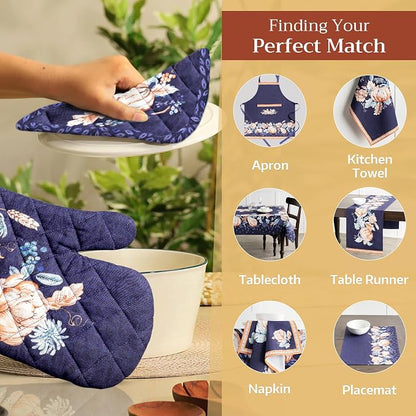 Maison d' Hermine 100% Cotton Oven Mitt & Pot Holder Set (7.5"x13" & 8"x8") | Heat Resistant BBQ Cooking Gloves with Loop Baking Grilling Kitchen Home Farmhouse Thanksgiving Christmas - Pumpkin Blues