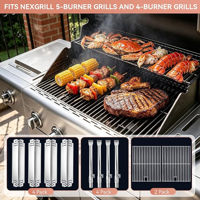 720-0830H Stainless Steel Grill Parts Kit for Nexgrill 4 & 5 Grates Burner | Replacement for 720-0830D 720-0783E 720-0888N 720-0888 720-0958A, Grill Grates Burners Heat Plates Igniters, Kenmore Uniflame