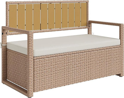 Outdoor Storage Bench with Cushion, Hand-Woven Yellow Wicker Deck Box with Backrest, Large Capacity Patio Storage Seat, Waterproof All-Weather Rattan Bench for Garden, Porch, Poolside