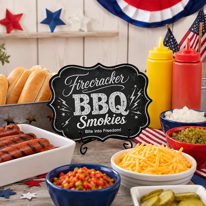 Patriotic BBQ Table Sign for Hot Dog Stand, Wooden Independence Day Food Display with Metal Stand, 5 x 7 Inch Buffet Decor for Restaurant, Food Truck, Cookout - A05