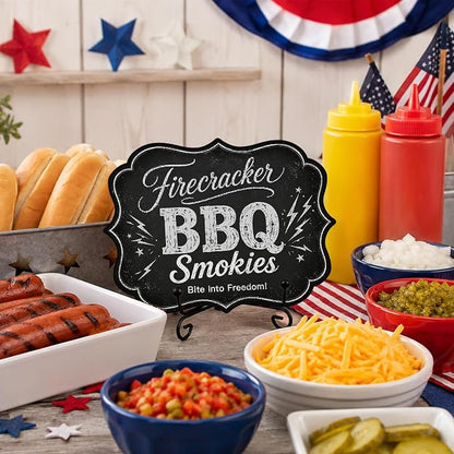 Patriotic BBQ Table Sign for Hot Dog Stand, Wooden Independence Day Food Display with Metal Stand, 5 x 7 Inch Buffet Decor for Restaurant, Food Truck, Cookout - A05