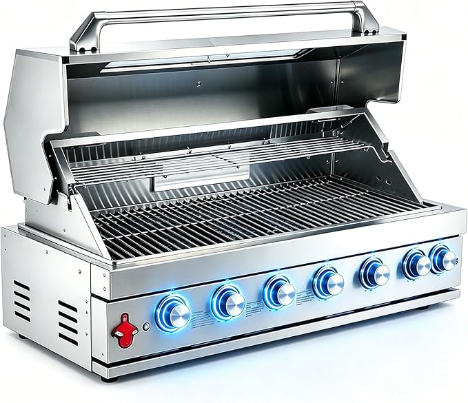 6 Burner Built In Gas Grill Island Head, Stainless Steel 39 Inch Propane Grill with Rear Burner, 72,000 BTUs, 684 SQ In Racks with Dual Fuel Compatibility