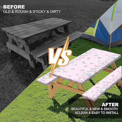 Butterfly Picnic Table Cover with Bench Covers, Camping Essentials, Flower Leaf Plant Waterproof Windproof Table Cover, Fitted Tablecloth Cover with Elastic Edge, for Indoor & Outdoor 3 PCS 30x60 Inch