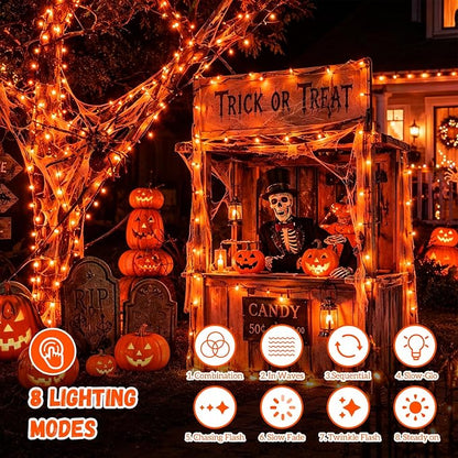 QITONG Solar Halloween String Lights, 2 Pack Each 33ft 100 LED Orange Fairy Lights Outdoor Waterproof, Green Wire Twinkle Light with 8 Modes for Outside Halloween Party Decor