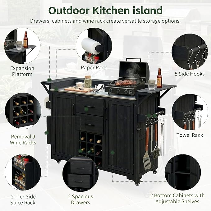 60.2-inch Mobile Outdoor Kitchen Island, Wooden BBQ Table with Stainless Steel countertop, Mobile BBQ Trolley with Storage Cabinet, 2 Storage compartments, Wine Rack and Spice Rack