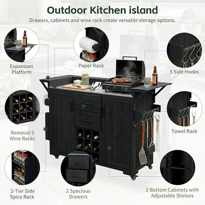 60.2-inch Mobile Outdoor Kitchen Island, Wooden BBQ Table with Stainless Steel countertop, Mobile BBQ Trolley with Storage Cabinet, 2 Storage compartments, Wine Rack and Spice Rack