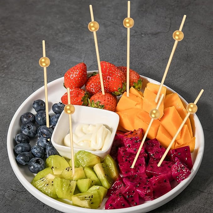 300PCS Cocktail Picks, Fancy Toothpicks for Appetizers, Decorative Bamboo Skewers for Appetizers Drinks Fruit, 4.7 Inch Long Wooden Gold Pearl Food Sticks Charcuterie Boards Accessories Party Supplies