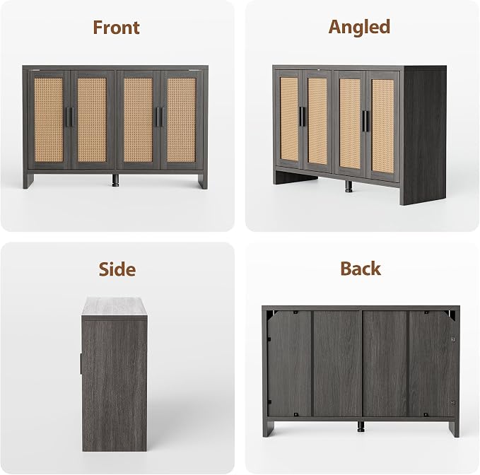 Rattan Buffet Cabinet with Storage, Sideboard with Doors, Console Table, Farmhouse Coffee Bar, Modern Wood Long Cabinets (Brown Black)