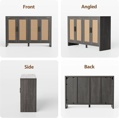 Rattan Buffet Cabinet with Storage, Sideboard with Doors, Console Table, Farmhouse Coffee Bar, Modern Wood Long Cabinets (Brown Black)