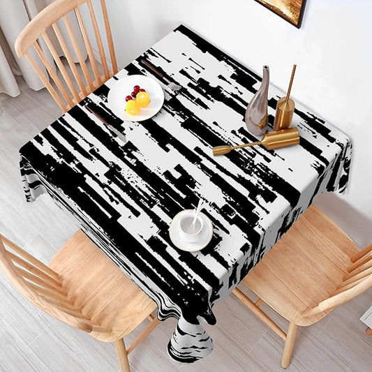 Black and White Striped Fabric Waterproof Square Tablecloth Vintage Texture Grain Square Table Cloth Dust-Proof Square Table Cover Protector for Restaurant Picnic Camping BBQ 60x60 Inch
