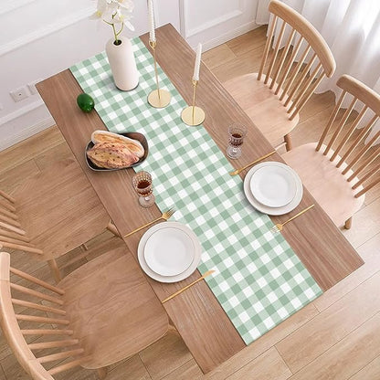 Sage Green Gingham Party Table Runner Green and White Checkered Plaid Decorations for Birthday Bridal Baby Shower Home Dining Kitchen Island Decor (13" x 72")