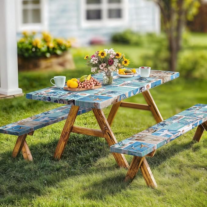 Picnic Table Cover with Bench Covers, Outdoor Camping Patio BBQ RV Essentials, Waterproof Windproof Camping Tablecloth with Drawstring Bag, Fitted Rectangle Tables and Seats, 72in, Nautical