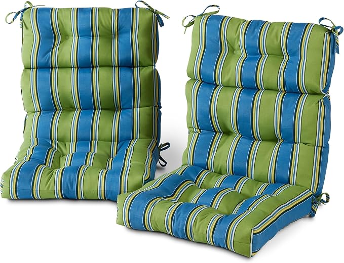 Outdoor Tufted High-Back Chair Cushions, One-Piece Hinged Seat and Back Design, Reversible with 4 Ties, Durable Polyester Fabric, Recycled Fiber Fill - Set of 2, Cayman Stripe