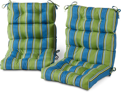 Outdoor Tufted High-Back Chair Cushions, One-Piece Hinged Seat and Back Design, Reversible with 4 Ties, Durable Polyester Fabric, Recycled Fiber Fill - Set of 2, Cayman Stripe