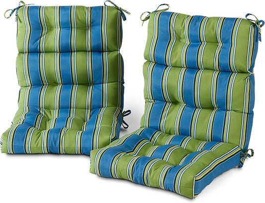 Outdoor Tufted High-Back Chair Cushions, One-Piece Hinged Seat and Back Design, Reversible with 4 Ties, Durable Polyester Fabric, Recycled Fiber Fill - Set of 2, Cayman Stripe