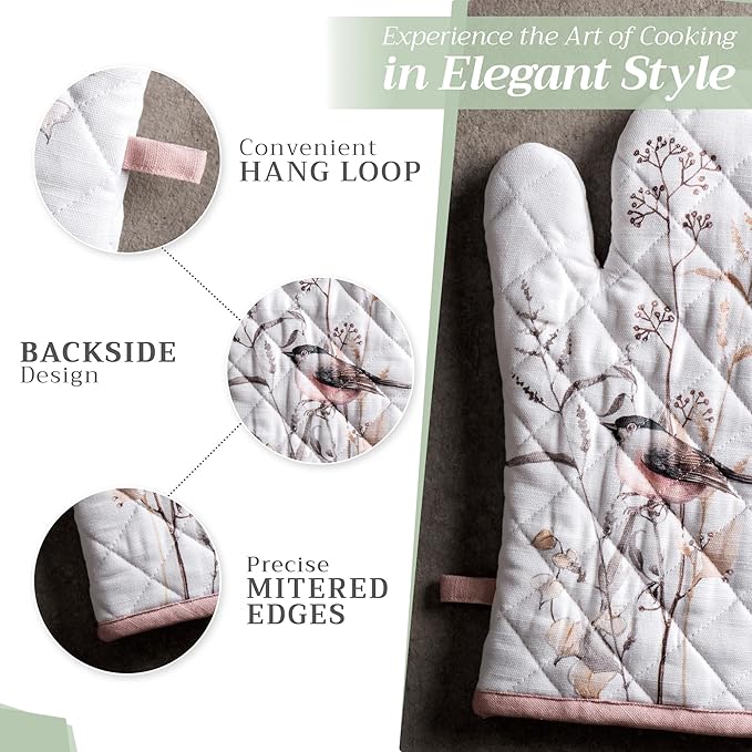 Maison d'Hermine Oven Gloves 100% Cotton Oven Mitt 7" x 13" with Loop Heat Resistant BBQ Cooking Gloves Baking Grilling Kitchen Hotel Home Farmhouse Spring Summer (Pack of 1, Meadow Florals - Brown)