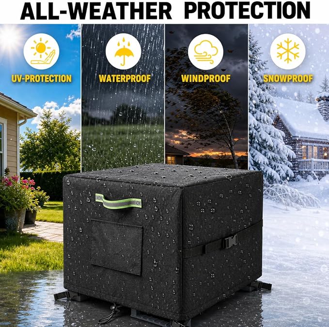 Garden Hose Reel Box Cover - Weatherproof 420D, 23"x23"x20", Black | Fits hose reels box. Reflective handles, cord closure, storage bag.