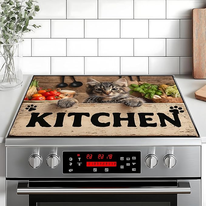 Stove Top Cover Retro Flower Gas Stove Top Cover for Home Decoration Kitchen Pad Non-Stick Washable Cooktop Covers Countertop Protector Keep Stove Clean 28"x20" (Kitchen cat)