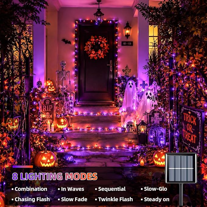 YEGUO 2 Pack Orange and Purple Solar Halloween Lights, Each 33ft 100 LED Solar String Lights Outdoor Waterproof, 8 Modes Solar Christmas Lights Outdoor for Bedroom Patio Garden Halloween Party Decor
