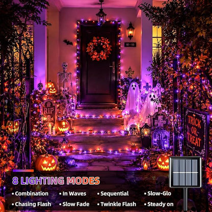 YEGUO 2 Pack Orange and Purple Solar Halloween Lights, Each 33ft 100 LED Solar String Lights Outdoor Waterproof, 8 Modes Solar Christmas Lights Outdoor for Bedroom Patio Garden Halloween Party Decor