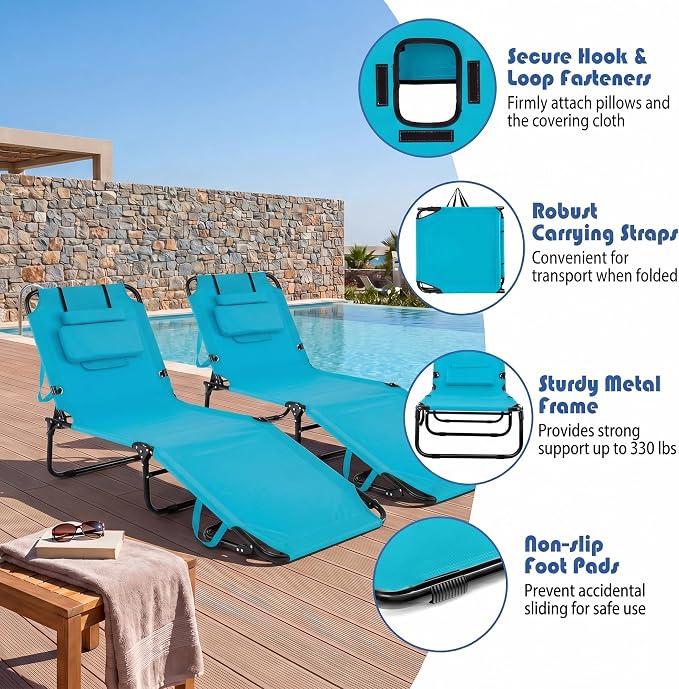 Goplus Tanning Chair, Folding Beach Lounge Chair with Face Hole, Removable Pillow, Carry Strap, Position Adjustable, Sunbathing Chair, Portable Outside Lounge Chair for Patio Pool
