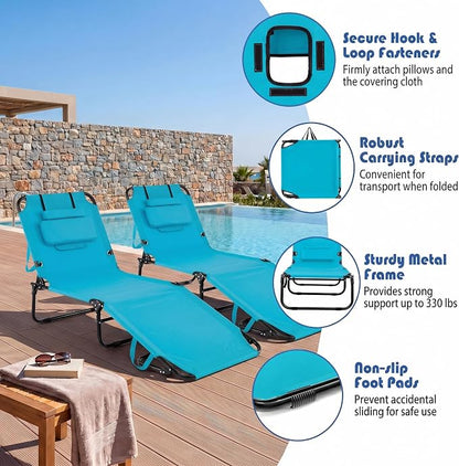 Goplus Tanning Chair, Folding Beach Lounge Chair with Face Hole, Removable Pillow, Carry Strap, Position Adjustable, Sunbathing Chair, Portable Outside Lounge Chair for Patio Pool