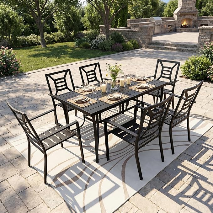 60" Outdoor Metal Patio Dining Table, Rectangular Steel Slat Table with Umbrella Hole, Modern Weather-Resistant Garden Table for 6 People, Backyard, Deck, Black