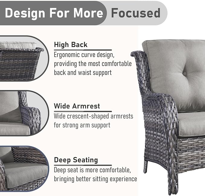Outdoor Patio Furniture - 3 Seater Outdoor Rattan Wicker Sofa Patio Couch with Ottoman for Porch Deck Garden Backyard - Grey/Grey