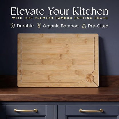 Deer & Oak Large Bamboo Chopping Board 15" x 9.8" x 0.8", Premium Wooden Kitchen Cutting Board for Meat & Vegetables, Pre-Oiled, Water Resistant, Knife-Friendly