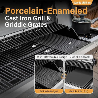 Sophia & William 6-Burner Propane Gas BBQ Grill with Side Burner & Porcelain-Enameled Cast Iron Grates, Gas Grill Griddle Combo for Outdoor Cooking, Barbecue Events, 740 SQ.IN. Cooking Area, Black