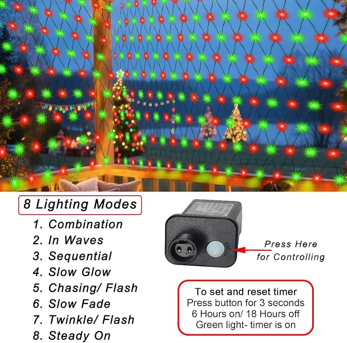 Pooqla Red and Green Christmas Net Lights Outdoor, 21x 5ft Green Wire | 360 LED Large Net Mesh Lights Plug in, 8 Modes Waterproof Connectable Bushes Lights for Christmas Hedge Yard Decor