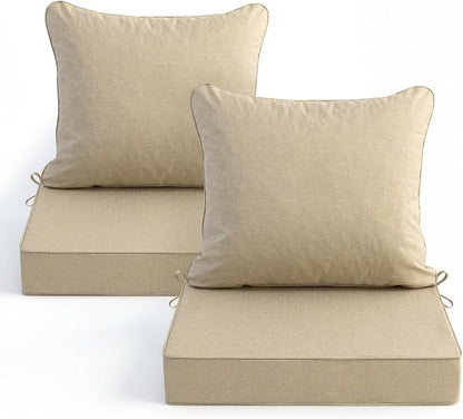 Summsun Outdoor Chair Cushions Set of 2, Faux Linen Patio Furniture Cushions, Water Resistant Backrest and Seat Cushion Set with Ties, Removable Cover, Non-Slip Bottom, 19 x 19 Inch, Nature