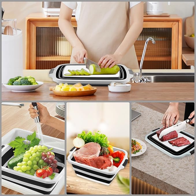 BBQ Prep Tub with Lid and Cutting Board - Collapsible Barbecue Tool Set for Marinating, Grilling, BBQ Prep Station for Outdoor Cooking, Camping Kitchen Accessories & Barbecue Utensils, XX-Large Black