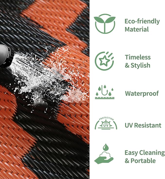 GENIMO Outdoor Rug, Waterproof Plastic Rugs for Patio, 6'x9' Black Orange | Outside Larger Modern Carpet Mat for Porch Decor, Deck, Balcony, Camping, RV, Backyard, Picnic, Beach, Reversible, Foldable