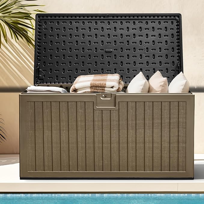 DWVO 260 Gallon Resin Outdoor Storage Box, XXL Double-Wall Waterproof Deck Box with Divider, Doubles as Table or Seating with 1000 lbs Capacity, Lockable (Black&Brown)