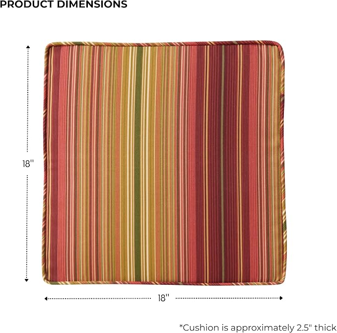 Outdoor 18 inch Square Patio Dining Chair Pads – Comfortable Fiber-Filled Seat Cushions with Ties, Reversible Polyester Fabric - Kinnabari Stripe, Set of 2