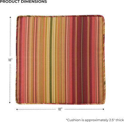 Outdoor 18 inch Square Patio Dining Chair Pads – Comfortable Fiber-Filled Seat Cushions with Ties, Reversible Polyester Fabric - Kinnabari Stripe, Set of 2