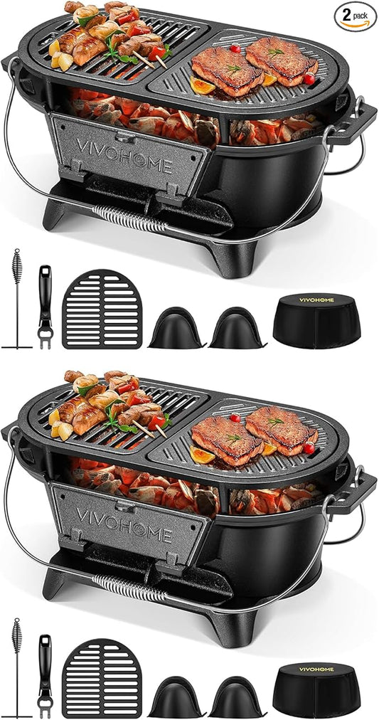VIVOHOME Oval Cast Iron Grill with Interchangeable Grates & Griddle, 2 Furnace Doors for Heat Control, Includes Gloves, Poker and UV-Resistant Cover 2 Pack